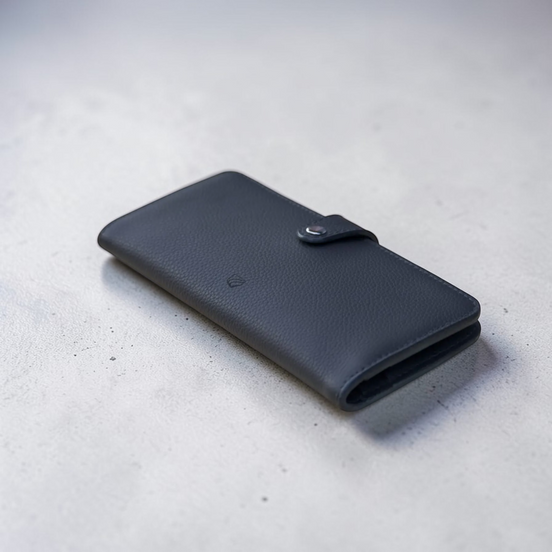 Minimalista Bag dark grey pebbled leather long wallet with snap closure and eight card slots.